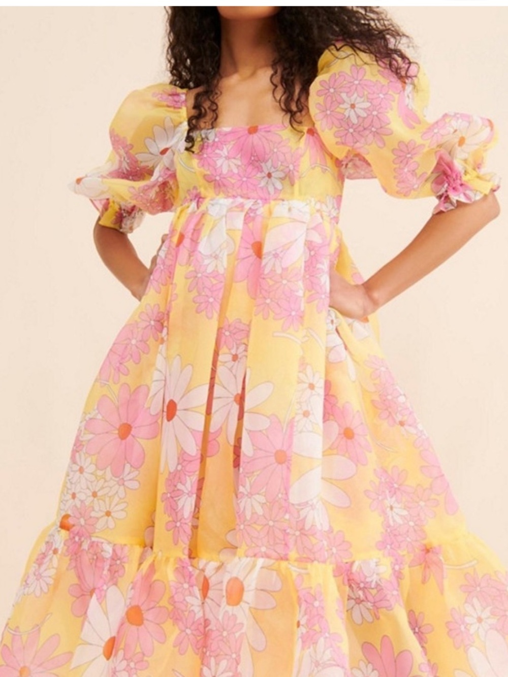 Price drop! Rare Selkie Yellow Floral Midi Dress with Pink & White Daisies